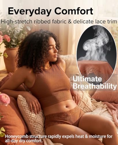 Image of Knowyou Cotton Underwear for Women No Roll Soft Panties No Dig Lace Waist Hipster Breathable Cheeky Lingerie for Women