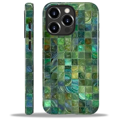 Kapadiy Case for iPhone 15 Pro Max Case,Green Toned Glass Mosaic Patten Design Hybrid Dual Protection Silicone + Hard PC Shockproof Full Body Cover Slim Anti-Scratch Protective Case for Men Women