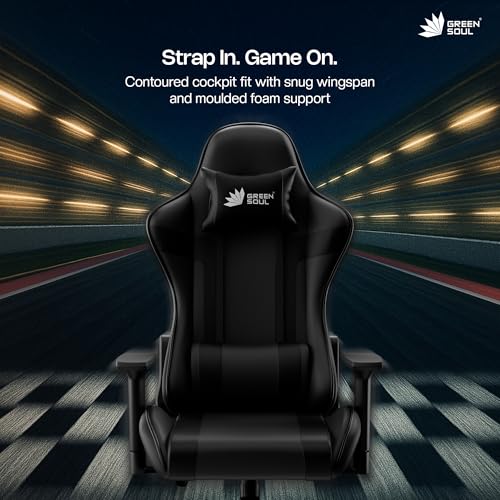 Green Soul Raptor 2.0 Racing Edition Ergonomic Gaming Chair with Premium PU Leather, Adjustable Neck & Lumbar Pillow, 3D Adjustable Armrests & Heavy Duty Nylon Base (Black) - Image 5