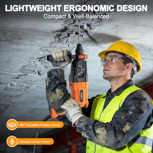 Image of 1 inch SDS-Plus Rotary Hammer Drill, 8 Amp 3.0J 4-Function Variable Speed | Hammer Drill with Safety Clutch & Reverse Stop, Concrete Demolition Tool Kit with Bits, Chisels & Case