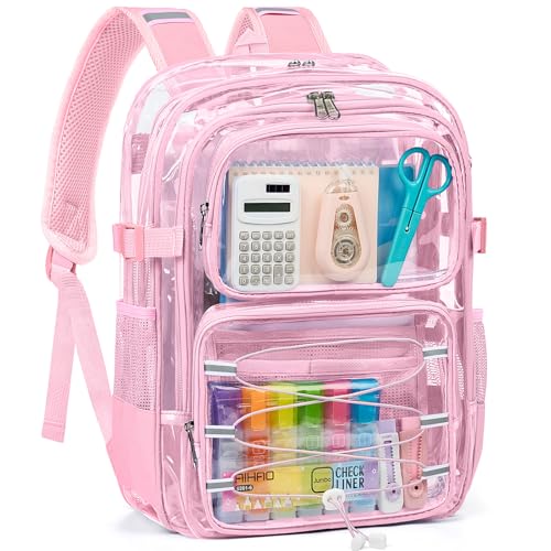 crvint Heavy Duty Clear Backpack for School 360 Reflective Strips Clear Bookbag Transparent PVC Backpack with Multiple Compartments See Through Bag for College Work Travel Security