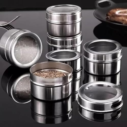Smith & Barker - 12 potenti barattoli magnetici per spezie, in acciaio inox, contenitori per spezie da cucina con coperchio trasparente con setaccio e versare, base da parete in acciaio inossidabile - immagine 5