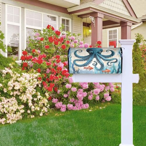 Image of Blue Octopus Mailbox Cover Magnetic Waterproof Mailbox Wraps Post Letter Box Decor 21x18 in