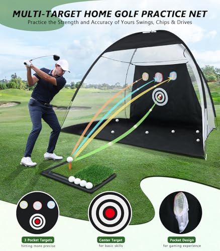 Golf Net: 10x7ft Golf Hitting Practice Net for Indoor & Outdoor Use with Heavy-Duty Base Dual-Turf Mat, Chipping Swing Training Mult-Target Nets for Backyard Driving, Gifts for Men Dad Husband Golfers
