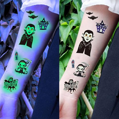 Image of 10 Sheets 80+ PCS Night Glitter Luminous Halloween Temporary Tattoos For Kids Boys Girls Face, Zombie Glow in The Dark Fake Tattoo Sticker, Ghost Spider Tattoos Basket Goodie Bag Stuffers Fillers