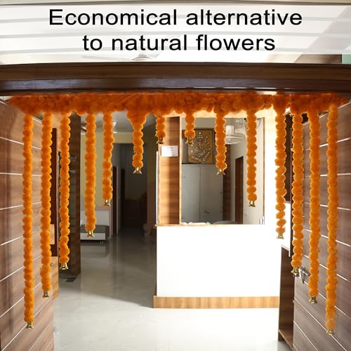 Marubhumi 5-PC Artificial Marigold Flower Garland – 4.5 Feet Long Strands with Bells | Mango Color | Diwali, Wedding, Home, and Christmas Décor by Marubhumi - Image 4