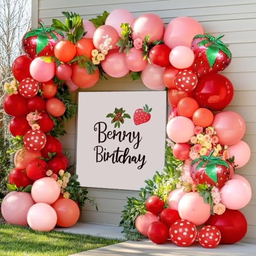 Image of Strawberry Balloon Arch Kit Double Stuffed, Pastel Red Baby Pink Coral Balloon Garland with 18in Strawberry Foil for Berry First Birthday Baby Shower Sweet Mothers Day Wedding Party