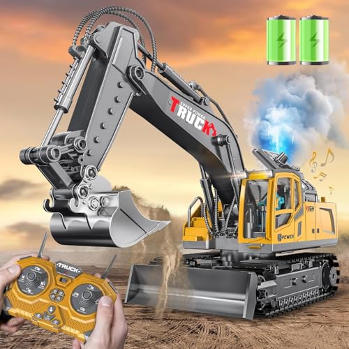 Image of 13CH Remote Control Excavator Construction Toy-2400mAh RC Excavator w /Metal Shovel /Spray /Lights /Sounds,2.4Ghz RC Bulldozer for Kid,RC Stunt Engineering Vehicles Toys Gift for 8-12 Year