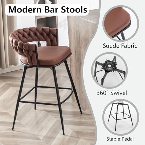 Butacos modernos de altura para barra Canxkun, juego de 2 unidades, asiento tejido, giro de 360°, para isla de cocina, cafetería o barra (marrón) miniatura 4