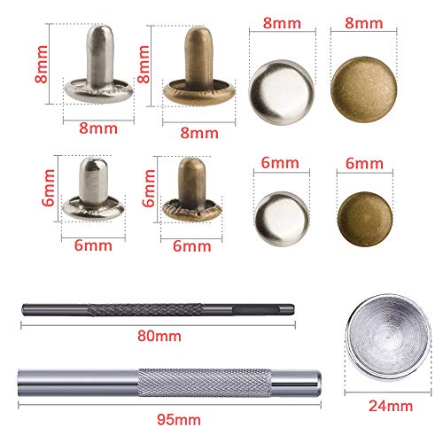 Yakamoz 120 Set Leather Rivets Double Cap Rivet Tubular Metal Studs Leather Craft Rivets Replacement Kit With Fixing Tools For Diy Craft Clothes Shoes Belts | 6Mm 8Mm Size | Silver & Bronze #TOP2