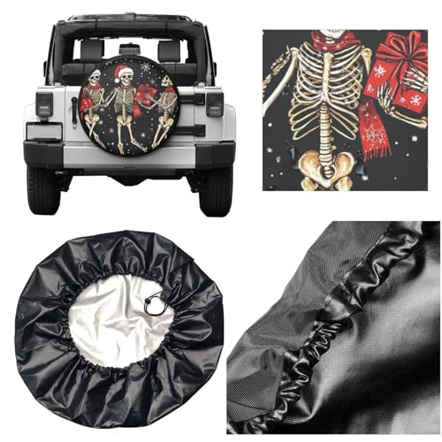 Image of Winter Christmas Skeleton Snowflakes Spare Tire Cover,Cute Funny Skull Wheel Protectors Weatherproof Universal Fit for Trailer RV SUV Truck Camper Trailer Travel Outdoor,15 inch