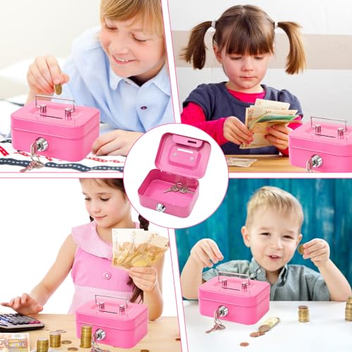 Spetsbst Geldkassette Abschließbar Klein Kasse mit Schlüssel und Schlitz, Spardose aus Stahl, Geldkassette Kinder (Rosa)