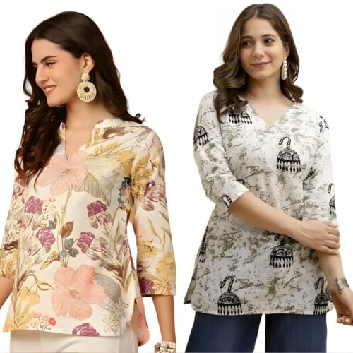 Image of Women's Cotton Printed Short Kurti, Round Neck, Three Quarter Sleeve, Straight Fit, Pack of 2