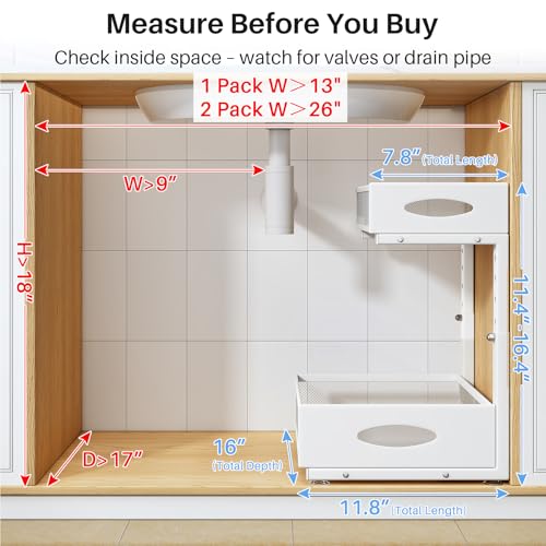 Image of Under Sink Organizer, 2 Tier Pull Out Under Cabinet Organizer Shelf with Pad for Framed Cabinets, Metal Slide Out Under Sink Storage, Mesh Sliding Drawers for Kitchen Bathroom Laundry(White, 1 Pack)