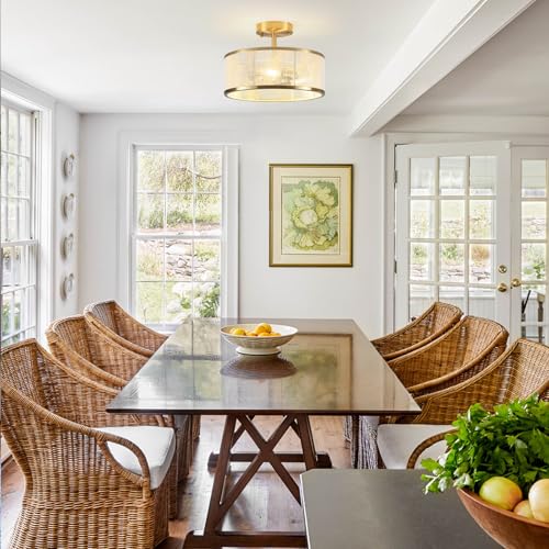 Image of Modern Semi Flush Mount Ceiling Light, 3 Light Gold Ceiling Light with Rope Shade, Drum Light Fixture for Kitchen Bedroom Dining Room Hallway Entryway
