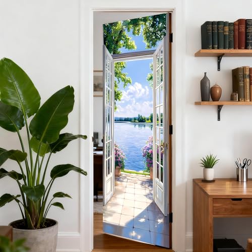 Image of Nuxovilar Scenic Lake Door Stickers Peel Stick PVC 30.3x78.7 in