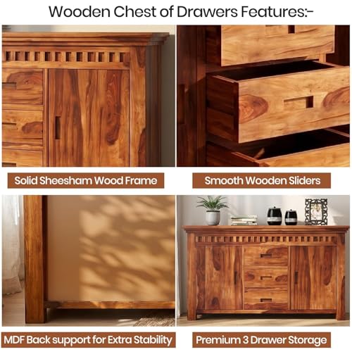 Image of SHIKHA WOOD CRAFT Solid Sheesham Wood Sideboard Cabinet with 2 Doors and 3 Drawers | Wooden Kitchen Cabinet, Crockery Unit, Dining Room Organizer, Living Room Storage Furniture (Kuber Natural Finish)