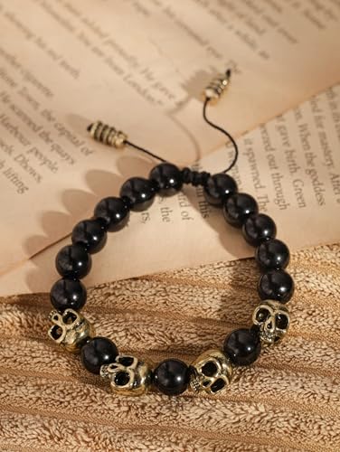 Pulsera ajustable de cuentas con calavera negra y oro miniatura 6