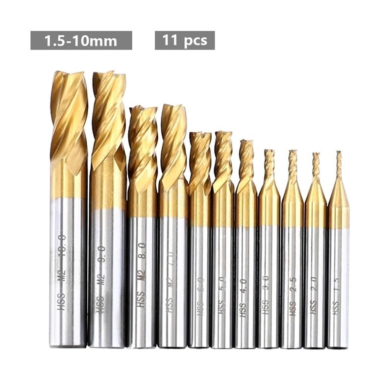 7 sztuk/11 sztuk 1,5-10 mm Frez trzpieniowy 4 ostrza powlekany tytanem szybkotnąca stal CNC Frez do drewna, metalu, stali(1.5-10mm(11pcs))
