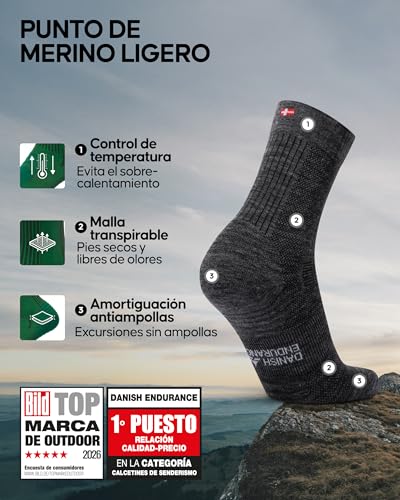 DANISH ENDURANCE Calcetines Antiampollas Senderismo de Lana Merino Ligeros, 3 Pack, Gris Oscuro, 39-42 - imagen 2