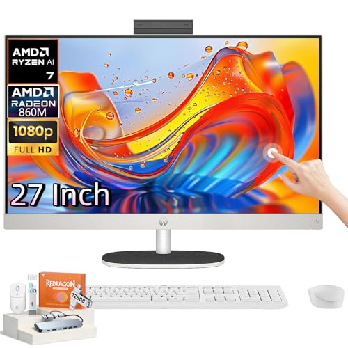 Image of HP 27 inch All in One Desktop Computer, AMD Ryzen AI 7 350, Ryzen AI (50 NPU Tops), 32GB DDR5-5600 MT /s, 2TB SSD, FHD IPS Touchscreen, WiFi 6, BT 5.4, Wireless KB & Mouse, Copilot+ PC, Windows 11 Pro