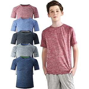 5 Pack Boys Athletic Shirts, Youth Activewear Dry Fit Tshirts for Kids, Short Sleeve Tees, Bulk Athletic Performance Clothing (Set 1, Large)