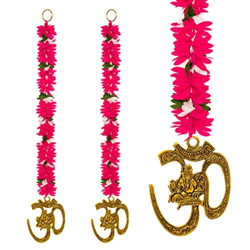 Tarini Gallery Set of 2 Metal Om Hangings with Artificial Flower Traditional Handcrafted Latkan Home Décor for Door Wall Home Temple Offices Hotel and Gifting
