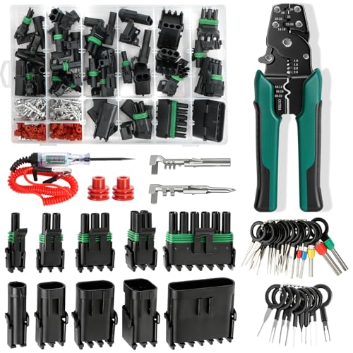 401PCS 25 Sets Weather Pack Connectors Kit 1 2 3 4 6Pin Automotive Electrical Wire Connectors with Crimping Tool(18-12AWG) Male Female Terminals Plug Kit Terminal Removal Tool and Electric Test Pen