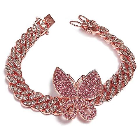 YBMYCM Butterfly Cuban Chain Bracelet Cubic Zircon Crystal Hip Hop Rock Gold Silver Crystal Luxury for Women Rapper Jewelry pink Cover