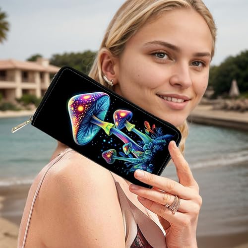 Image of RFID Blocking Leather Wallet for Women - Large Capacity Zip Around Clutch with 8 Card Slots,37 Cash Pockets & Coin Zipper,Mushroom