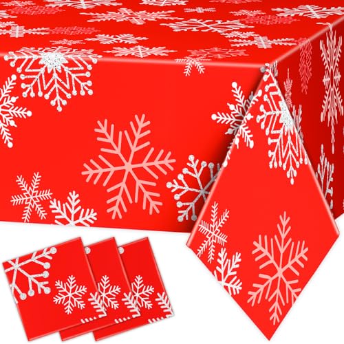 DYLIVeS 3 Pcs Red and Silver Snowflake Tablecloths, Christmas Frozen Snowflake Table Cover Disposable Plastic Winter Holiday Table Cloth for Christmas Birthday Party Decoration Supplies, 54 x 108 Inch