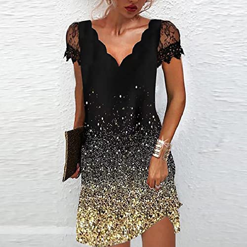 Women Lace Dresses,Summer Elegant Ombre Mini Dress Petal Short Sleeve Loose Semi Formal Casual Dress For Work Office,Ladies Cut Out Scalloped V-Neck Dress Cozy Flowy Dress(C-Gold,Large) #TOP1
