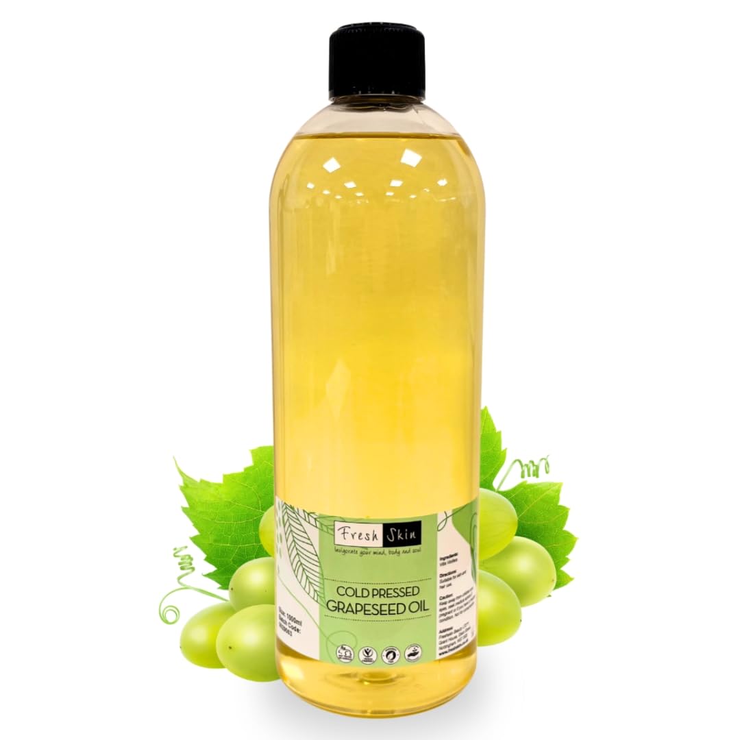 Freshskin Beauty LTD | Grapeseed Oil 1 Litre 100% Pure & Natural Cold Pressed Carrier Oil - Ideal for Hair, Skin, Massage, Face, Beard and Aromatherapy (1000ml)