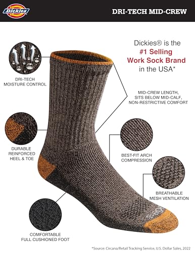 Image of Dickies Men's Dri-Tech Mid-Crew Comfort Length Moisture Control Socks (6, 12 Pairs)