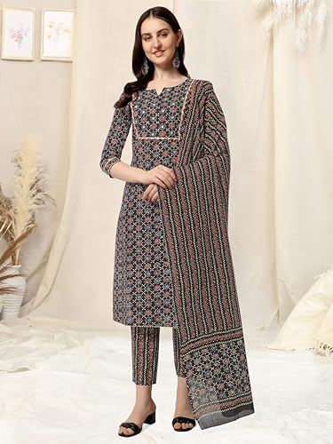 Image of MIRCHI FASHION Women's Straight Fit Cotton Ethnic Block Motif Printed Kurta Set with Dupatta and Trouser