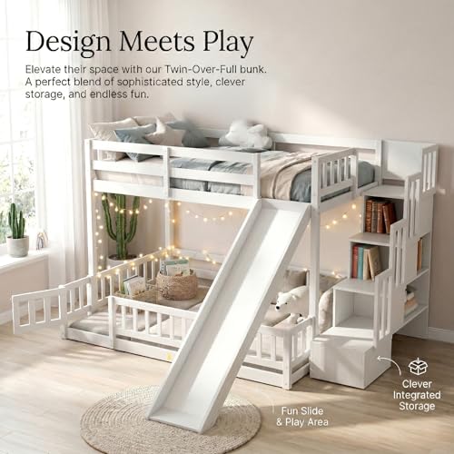 Image of YOPTO Twin Over Full Bunk Bed with Slide,Storage Staircase & Safety Guardrails,Wooden Bunk Bed w /Slat Support,Space Saving,Bedframe Furniture for Student Dorms,Studio,White