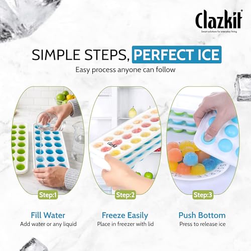 Image of Clazkit Silicone Ice Cube Tray with Lid (2 Pack, 21 Cavities Each) | Easy Pop-Out Round Ice Mold | BPA Free Flexible Ice Tray | Stackable Ice Cube Maker for Freezer, Whiskey, Cocktails, Juice