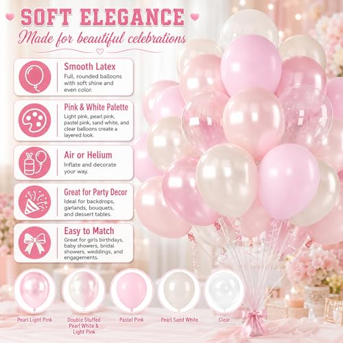 Image of Pink Balloons, 60Pcs Pink and White Balloon, 12 Inch Latex Pastel Pink Balloons Helium for Women Girls Birthday Baby Shower Bridal Shower Gender Reveal Romantic Wedding Engagement Party Decorations