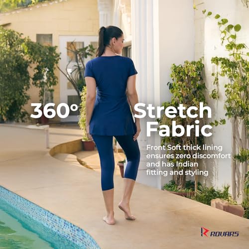 Image of ROVARS Spandex One Piece Three Fourth for Women I Removable Pads I Half Sleeves I 3 /4 Length I Front Zipper
