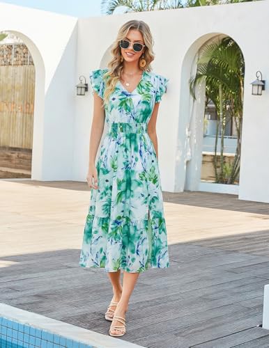 Image of GRACE KARIN 2026 Womens Summer Dresses V Neck Ruffle Sleeve Floral Boho Beach Dress A-Line Swing Midi Wedding Guest Sundress