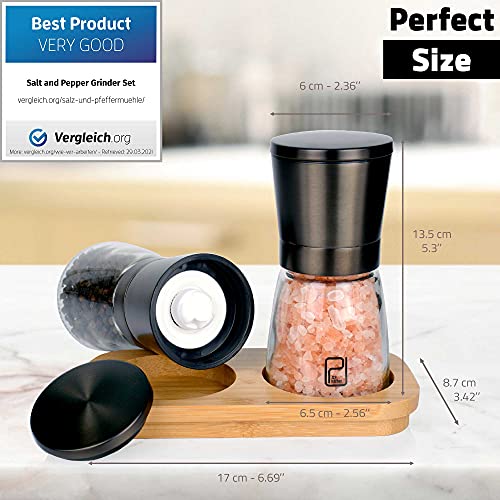 PJCKitchen Schwarzes Edelstahl Gewürzmühle Set mit Ständer aus Bambus - Rotmetallgrauen Salz- und Pfeffermühlen mit… - Image 3