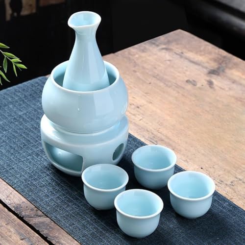 Sivro 日本酒 熱燗器 伝統 熱酒器 酒器セット 冷たい 酒暖かい フラスコ 熱燗器 焼酎じょか揃 美濃焼キット (水色)