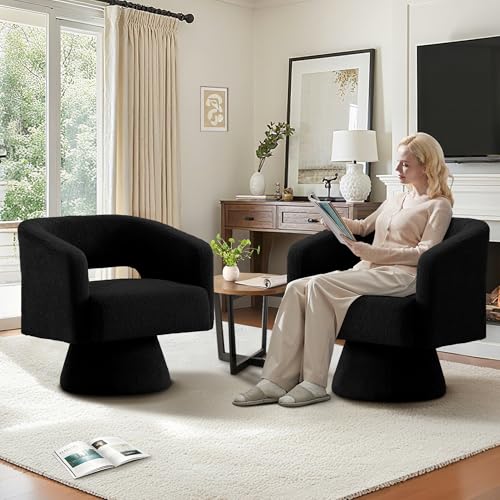 Swivel Barrel Accent Chair, Vanity Chair for Bedroom Office&Living Room, Oversized Teddy Upholstered Round Swivel Chairs Set of 2,Black