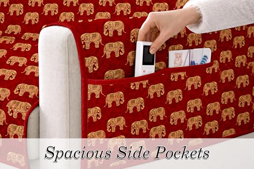 Image of Cloth Fusion 300 GSM Quilted Jaipuri Theme Printed 2 Seater Sofa Cover Mat-Style Fully Covered with Armrest Pockets, Adjustable Straps & Lock Fit (120 cm Seat Run, Elephant Block)