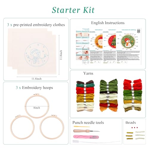 Image of Harimau 3pcs Beginner Embroidery Kit,Christmas Pattern,Punch Needle Kits, Including Stamped Embroidery Cloth with 3 Embroidery Hoops, Multicolor Color Threads for Embroidery Kit