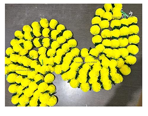 Image of SPHINX Artificial Marigold Fluffy Flowers Garlands for Decoration - Pack of 5 (Yellow with Green Leaves, 5 ft)