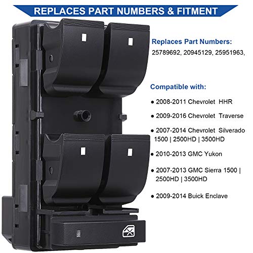 Obaee Driver Side Power Master Window Switch, Compatible with Chevy Silverado/Chevrolet Traverse/HHR/2007-2013 GMC Sierra/Yukon/Buick Enclave Replace OE 20945129 25789692 - Image 3