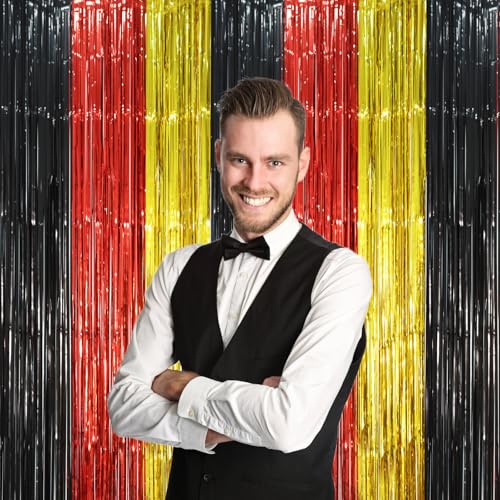Image of Voircoloria 2 Pack Red Black Gold Foil Fringe Backdrop Curtains, Tinsel Streamers Party Decorations, Fringe Backdrop, Door Shimmer for Thanksgiving Day or Birthday Party
