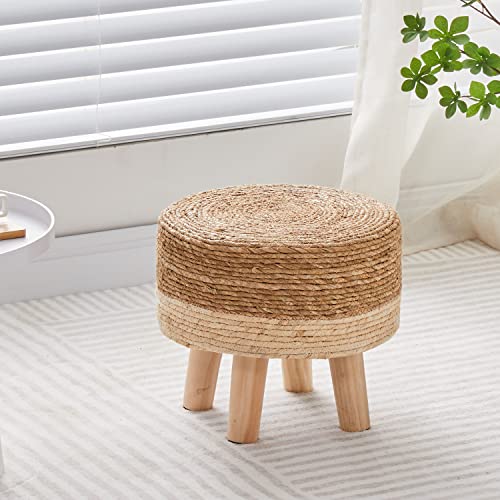 Cpintltr NX33-003 Foot Stool Natural Seagrass Hand Weave Poufs Round Ottoman For Couch Desk Soft Step Stool Padded Foot Rest With Non-Skid Pine Legs For Hallway Office Lounge Natural/White thumb #3