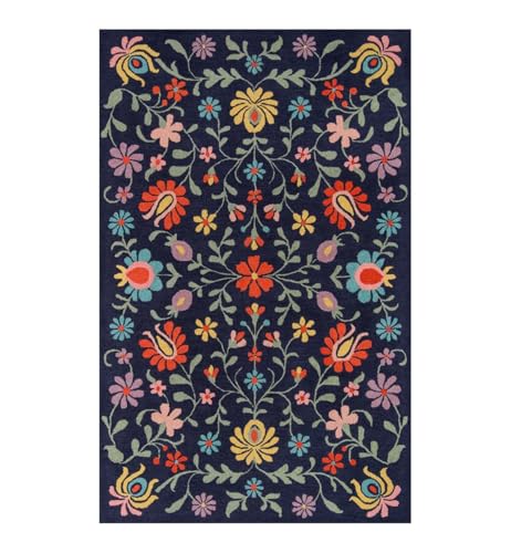 Image of Floral Pattern Wool Carpet with Loop Texture Yarn Anti Shedding Carpet Size 12x18 Feet A3 Blue & Multi
